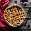 A lattice cherry pie on a rustic wooden board, ready for serving. Royalty Free Stock Photo