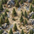 Top-Down View of a Lush Forest Path with Rocks and Trees, A Tactical RPG Game Map Design. Royalty Free Stock Photo