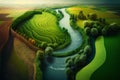 Top-down view of lush green agricultural land with a winding river, captured from a drone, beauty of nature\'s landscap