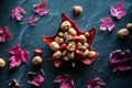 Top down view of a maple leaf glass dish filled with assorted whole nuts surrounded by dry leaves. Autumn concept.