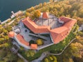 Top down view of medieval castle on Bled lake in Slovenia in autumn. Royalty Free Stock Photo