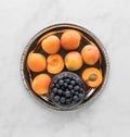 A top down view of a metal tray of apricots and a small bowl of blueberries. A complimentary colour concept. Royalty Free Stock Photo