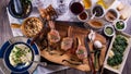 Top down view of a minted rack of lamb with spinach and mashed potatoes Royalty Free Stock Photo