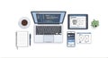 Flat Design Workspace Laptop, Tablet, Smartphone with UI UX Wireframes, Code, Notebook and Coffee Royalty Free Stock Photo