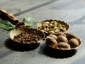 Aromatic spices in small bowls.