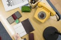 Top Down View old retro wooden table from 80s and 90s era with a Royalty Free Stock Photo