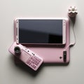 A top-down view of a pink mobile phone and a laptop on a white desk