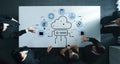 High-level business meeting with cloud computing concept illustration showcasing data exchange and technology Royalty Free Stock Photo