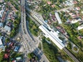 Top down view railway and road traffic at Nibong Tebal.