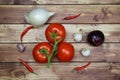 Top Down View On Raw Uncooked Isolated White And Red Onions, Tomatoes Vine And Chillies. Brown Natural Rustic Wooden Background.