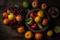 Fruits background Colorful Seasonal various fresh fruits in the bowl on a wooden table, top view, Generative AI Royalty Free Stock Photo