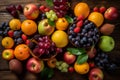 Fruits background Colorful Seasonal various fresh fruits assorted berries on a wooden table, top view, Generative AI Royalty Free Stock Photo