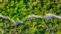 Top-down view of the road between trees of the tropical forest at the Landhoo island at Noonu atoll Royalty Free Stock Photo