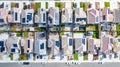 Top down view of a row of residential homes with solar panels on the roof Royalty Free Stock Photo