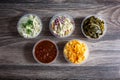 top down BBQ side dishes, mac cheese, potato salad, coleslaw, beans, collard Royalty Free Stock Photo