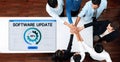 Team Collaboration During Software Update Progress Displaying 85 Percent Completion with Hands Joining Together in Royalty Free Stock Photo