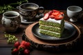 A sliced cake with cream and strawberries, on a black ceramic saucer.