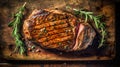 Top down view of sliced steak ribeye, grilled with spices served on cutting board. Gourmet food. Generative AI Royalty Free Stock Photo