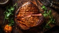 Top down view of sliced steak ribeye, grilled with spices served on cutting board. Gourmet food. Generative AI Royalty Free Stock Photo