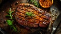 Top down view of sliced steak ribeye, grilled with spices served on cutting board. Gourmet food. Generative AI Royalty Free Stock Photo