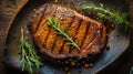 Top down view of sliced steak ribeye, grilled with spices served on cutting board. Gourmet food. Generative AI Royalty Free Stock Photo