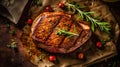 Top down view of sliced steak ribeye, grilled with spices served on cutting board. Gourmet food. Generative AI Royalty Free Stock Photo