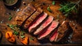 Top down view of sliced steak ribeye, grilled with spices served on cutting board. Gourmet food. Generative AI Royalty Free Stock Photo