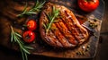 Top down view of sliced steak ribeye, grilled with spices served on cutting board. Gourmet food. Generative AI Royalty Free Stock Photo