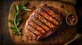 Top down view of sliced steak ribeye, grilled with spices served on cutting board. Gourmet food. Generative AI Royalty Free Stock Photo