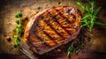 Top down view of sliced steak ribeye, grilled with spices served on cutting board. Gourmet food. Generative AI Royalty Free Stock Photo