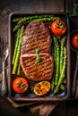 Top down view of sliced steak ribeye, grilled with spices served on cutting board. Gourmet food. Generative AI Royalty Free Stock Photo