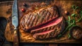 Top down view of sliced steak ribeye, grilled with spices served on cutting board. Gourmet food. Generative AI Royalty Free Stock Photo