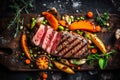 Top down view of sliced steak ribeye, grilled with spices served on cutting board with vegetables. Generative AI