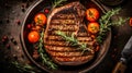 Top down view of sliced steak ribeye, grilled with spices served on plate. Gourmet food. Generative AI