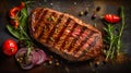Top down view of sliced steak ribeye, grilled with spices served on stone board. Gourmet food. Generative AI