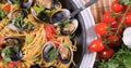 Top down view of spaghetti alle vongole clams