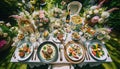 Top-down view of a spring garden wedding reception, featuring seafood risotto, herb-crusted lamb chops, spring vegetable