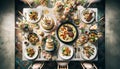 Top-down view of a spring wedding reception, featuring seafood risotto, grilled lamb chops, a vegetable medley, and a