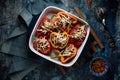 Top down view of stuffed peppers topped with mozzarella cheese ready to go into the oven. Royalty Free Stock Photo