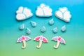 Top down view of sugar cookies in shapes of clouds, raindrops and umbrellas. A Spring concept.