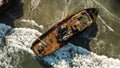 Top-down view of sunken ship covered with rust. Shipwreck in the ocean. Royalty Free Stock Photo
