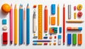 Top-down view of supplies and stationery arranged in rows on a white surface Royalty Free Stock Photo