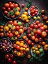 Top down view of a table topped with many different types of tomatoes. AI generated Royalty Free Stock Photo