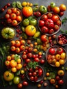 Top down view of a table topped with many different types of tomatoes. AI generated Royalty Free Stock Photo