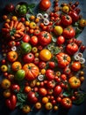 Top down view of a table topped with many different types of tomatoes. AI generated Royalty Free Stock Photo