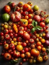 Top down view of a table topped with many different types of tomatoes. AI generated Royalty Free Stock Photo