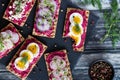 Top down view of rye wafer crackers with beet hummus and a variety of healthy toppings with a bite out of one.