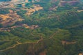 Top-down view of Taurus Mountains, Turkey. Green lush forest landscape with winding paths. Horizontal outdoor birdseye