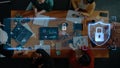 Team Collaboration Over a Digital Workspace with Data Security Elements, Modern Technology, Charts, and Lock Icons for Royalty Free Stock Photo