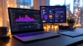 Top-down view of tech desk setup with laptop running python and external monitor displaying dashboard. Data scientist Royalty Free Stock Photo